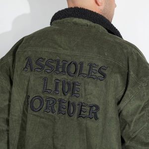 “Assholes Live Forever” branded men’s jacket size XL. Blk/Blk corduroy and logos